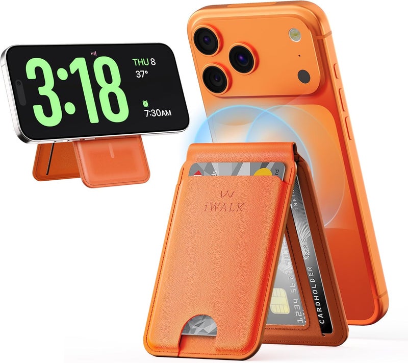 iWalk Stronger Magnetic Wallet, Upgraded for MagSafe Wallet, RFID Blocking, 5 Card Holder with Adjustable Stand, Slim Leather Phone Wallets for iPhone 17/16/15/14/13/12 Series, iPhone Wallets Orange - Image 1